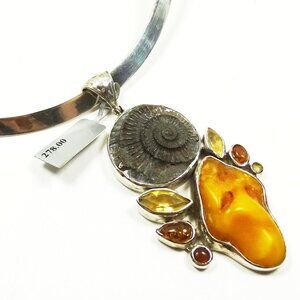 STARBORN CREATIONS SS Jolk Amber Citrine Pyritized Ammonite Pendant Necklace